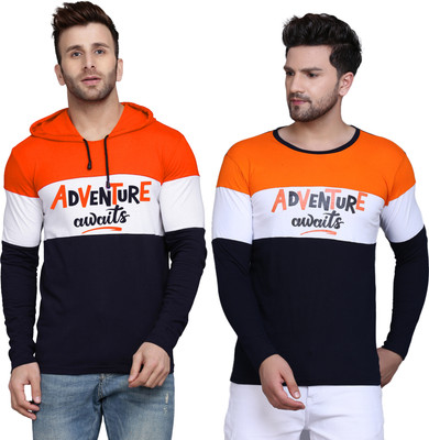 SLOWLORIS Printed Men Hooded Neck Orange T-Shirt