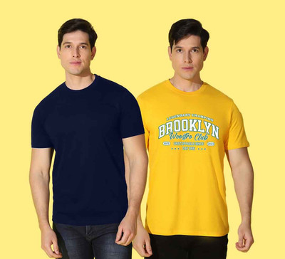 WOOSTRO Printed, Solid Men Round Neck Blue, Yellow T-Shirt