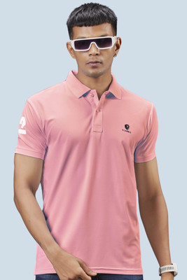 3BROS Solid Men Polo Neck Pink T-Shirt