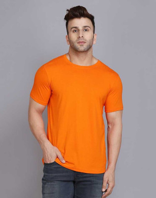 Printcomet Solid Men Round Neck Orange T-Shirt