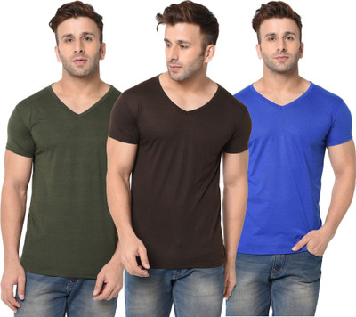 JB Jagoboy Solid Men V Neck Dark Blue, Green, Brown T-Shirt