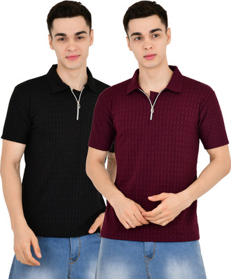 KEOTI Self Design Men Polo Neck Maroon, Black T-Shirt