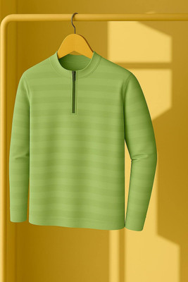KASPY Striped Men Zip Neck Green T-Shirt
