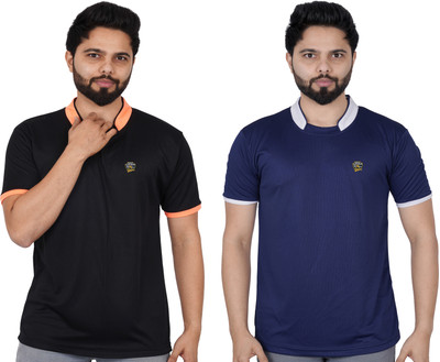 La Milano Solid Men Mandarin Collar Navy Blue T-Shirt