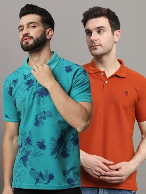 RARHANPREMIUM Printed Men Polo Neck Light Blue, Orange T-Shirt