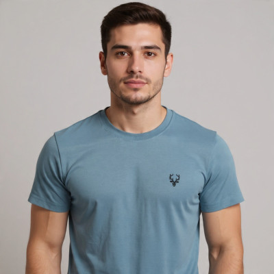 VITON Solid, Embroidered Men Round Neck Light Blue T-Shirt