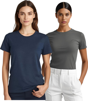 SHARXTRENDS Solid Women Round Neck Navy Blue, Grey T-Shirt