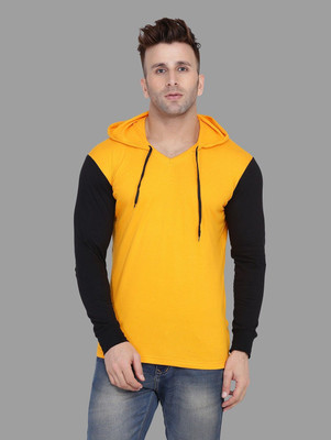Trendfull Solid Men Hooded Neck Black, Yellow T-Shirt