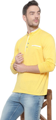 JB Jangoboy Solid Men Mandarin Collar Yellow T-Shirt