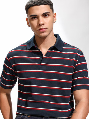HIGHLANDER Striped Men Polo Neck Blue T-Shirt