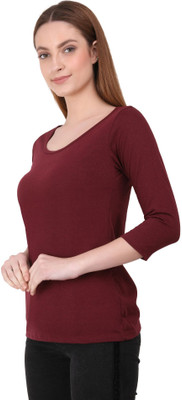 THE BLAZZE Solid Women Round Neck Maroon T-Shirt