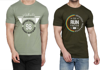 WOOSTRO Printed Men Round Neck Light Green, Dark Green T-Shirt