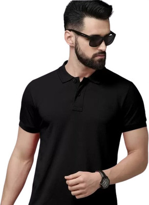 HouseOfCommon Solid Men Polo Neck Black T-Shirt