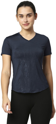 Laasa Sports Self Design Women V Neck Dark Blue T-Shirt