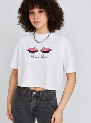 SLENOR Printed Women Round Neck White T-Shirt