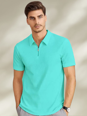 Cool Plus Solid Men Zip Neck Light Green T-Shirt