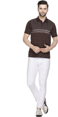 YOORIX Printed Men Polo Neck Brown T-Shirt