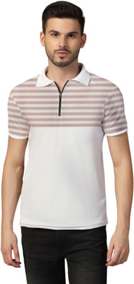 GEUM Striped Men Polo Neck Pink T-Shirt