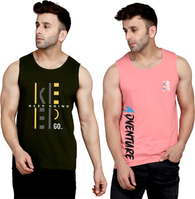 SLOWLORIS Printed Men Round Neck Dark Green, Pink T-Shirt