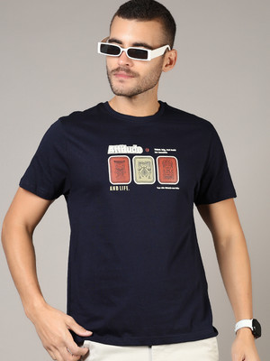 V-MART Printed Men Round Neck Blue T-Shirt