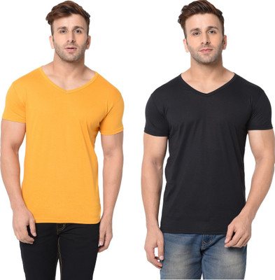 Tresna Fab Solid Men V Neck Black, Yellow T-Shirt