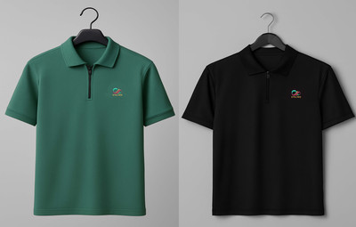 Stelino Self Design Men Polo Neck Green, Black T-Shirt