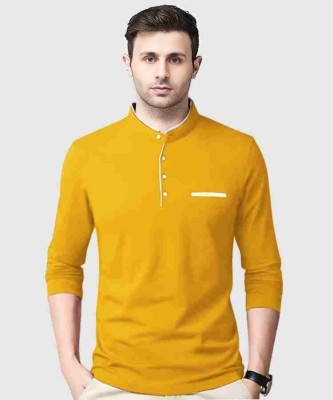 Jangoboy Solid Men Mandarin Collar Yellow T-Shirt