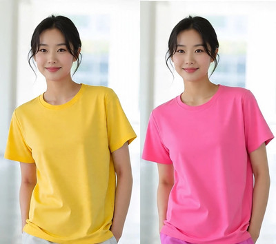 RUBYKNITS Solid Women Round Neck Yellow, Pink T-Shirt