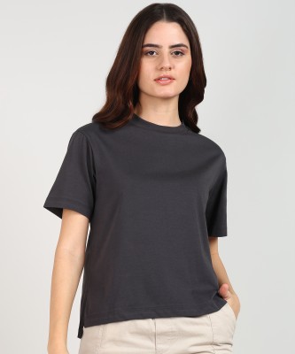 Alan Jones Solid Women Round Neck Grey T-Shirt