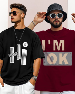AOOSH Typography Men Round Neck Black, Maroon T-Shirt
