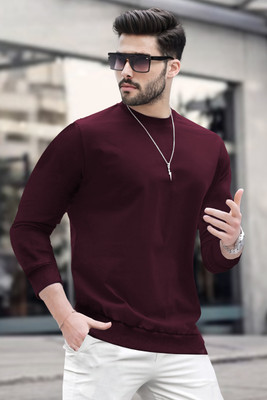 BLIVE Solid Men Round Neck Maroon T-Shirt