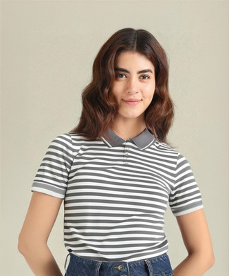 VIMAL JONNEY Striped Women Polo Neck Grey T-Shirt