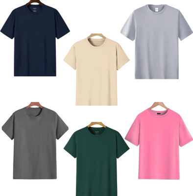 P collection Solid Men Round Neck Pink, Dark Green, Grey, Navy Blue, Beige, Silver T-Shirt