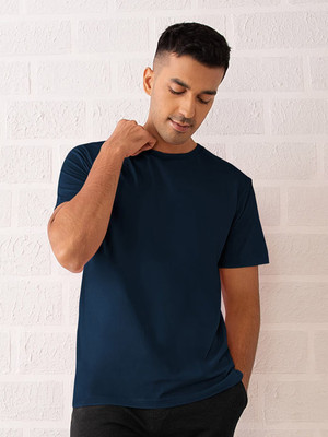 RULEDBYSUN Solid Men Round Neck Navy Blue T-Shirt