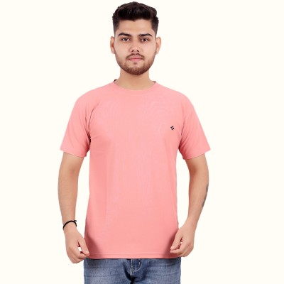M'COT Solid Men Round Neck Pink T-Shirt
