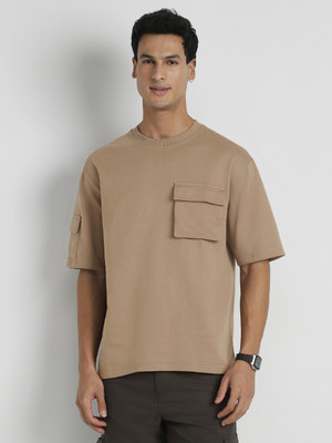 NOBERO Solid Men Round Neck Brown T-Shirt