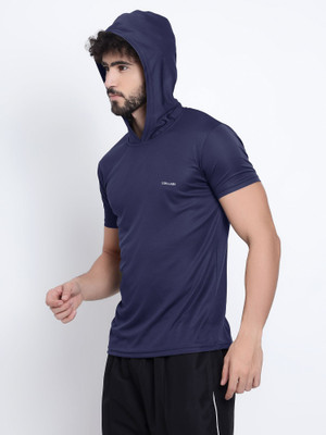 UDI n ADI Solid Men Hooded Neck Navy Blue T-Shirt