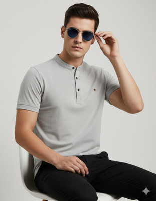 Jai Textiles Solid Men Henley Neck Grey T-Shirt