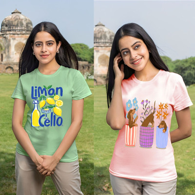 Parona Printed Women Round Neck Green, Pink T-Shirt