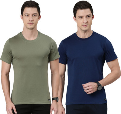 RUPA JON Solid Men Crew Neck Brown, Dark Blue T-Shirt