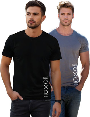 HOC Printed Men Round Neck Black, Grey T-Shirt