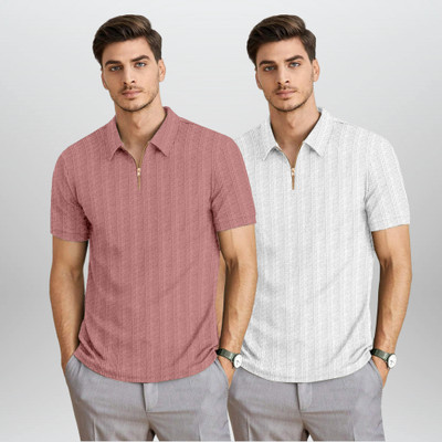 BROWEARS Self Design Men Polo Neck Pink, White T-Shirt