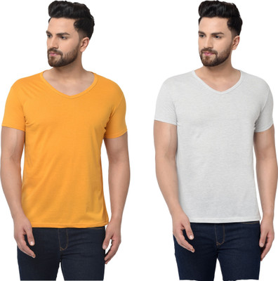 Tresna Trending Solid Men V Neck Grey, Yellow T-Shirt