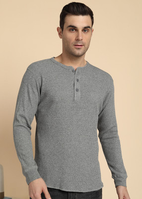 Alan Jones Solid Men Henley Neck Grey T-Shirt