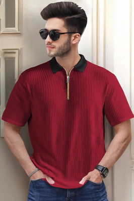 NB NICKY BOY Self Design Men Zip Neck Red T-Shirt