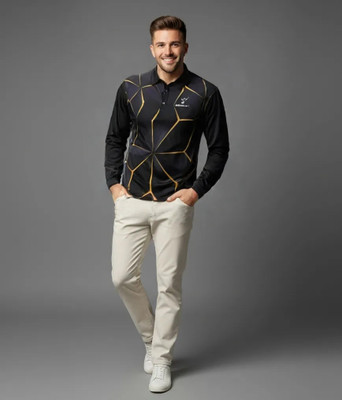 lookswala Geometric Print Men Polo Neck Black T-Shirt