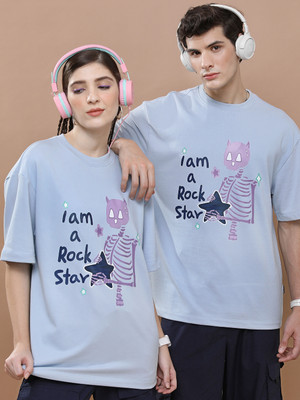 HIGHLANDER Printed, Typography Couple Round Neck Light Blue T-Shirt