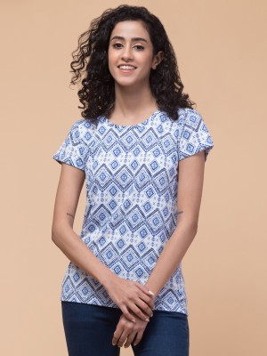 INUKA Abstract Women Round Neck White, Blue T-Shirt