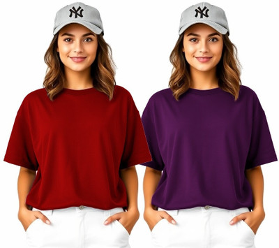 HouseOfCommon Solid Women Round Neck Maroon, Purple T-Shirt