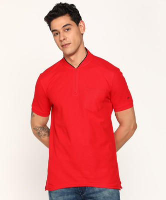 PETER ENGLAND Solid Men Mandarin Collar Red T-Shirt